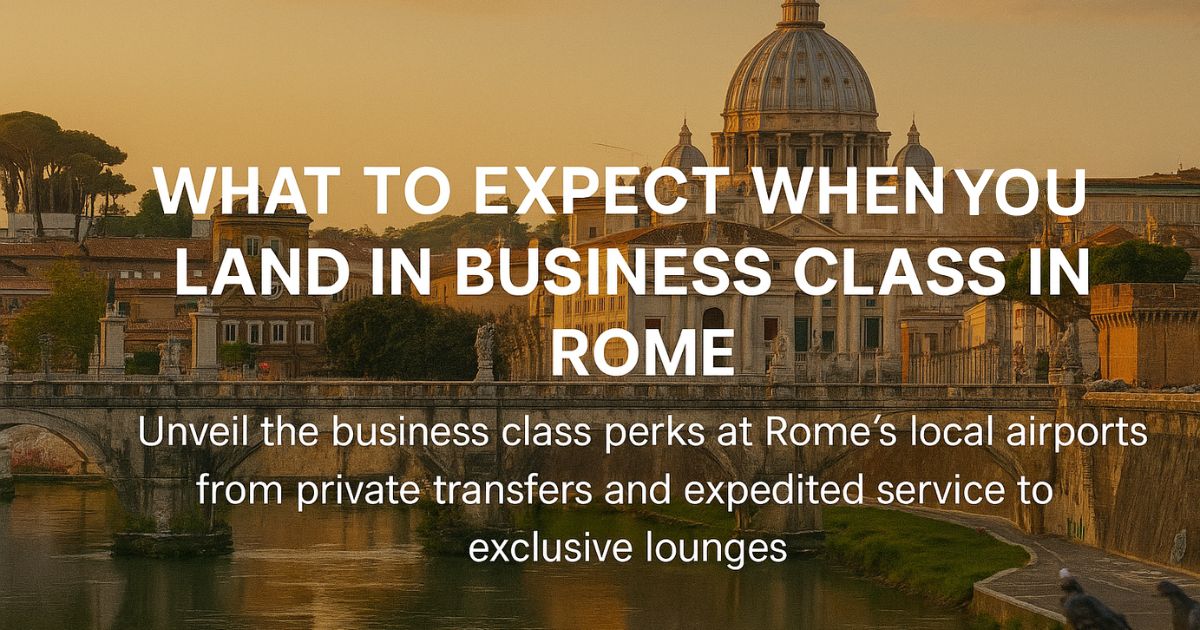 Rome city image in background with text over what to expect when you land in business class in rome